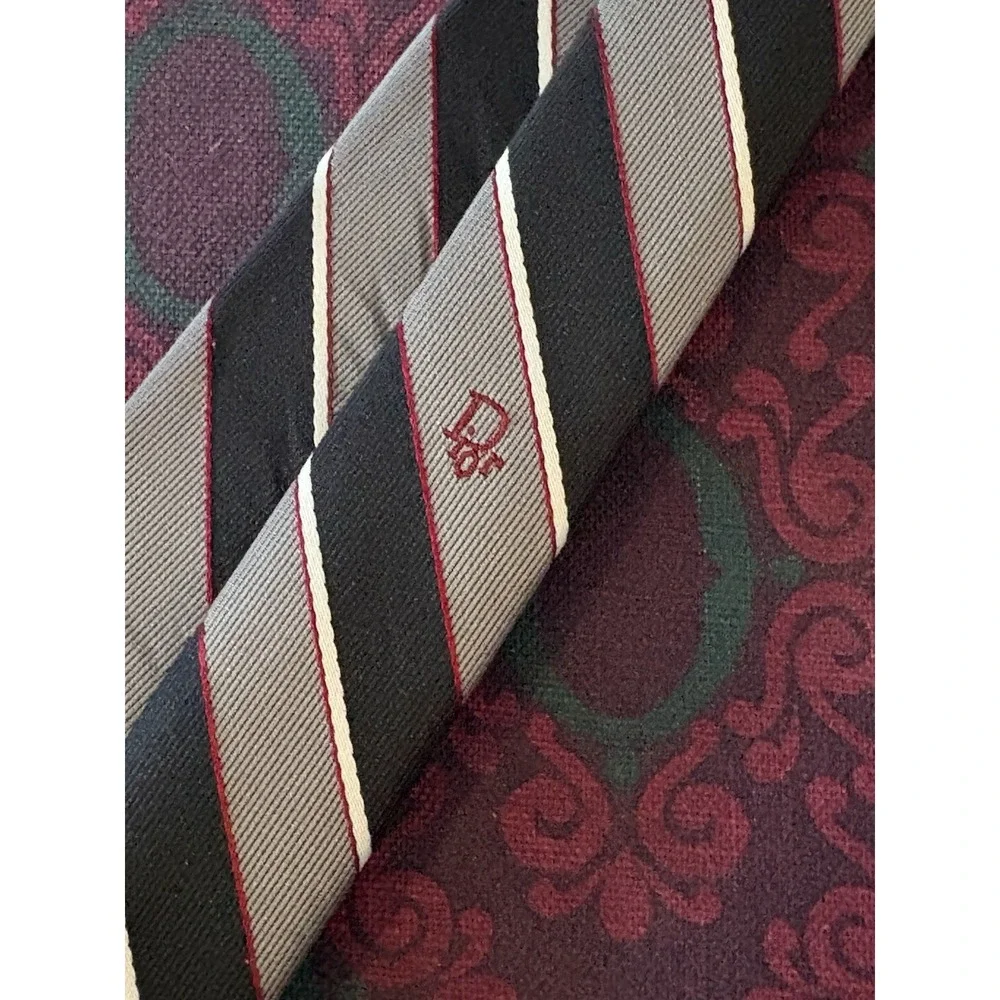 Vintage Christian Dior Paris New York Silk Tie Black Gray Red Stripe Logo EUC